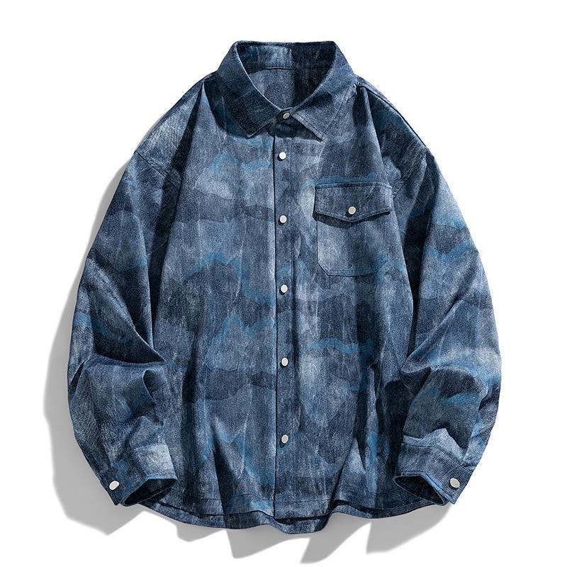 

2026 Spring Summer Men Long Sleeve Tie-Dye Shirts Men Y2K Vintage Cargo Shirt Korean Fashion Loose Streetwear Blouses Clothes M джинсовый синий
