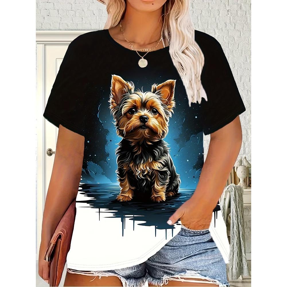 Plus Size Casual Crew Neck Short Sleeve Cartoon Animal Print T-Shirt - Soft Stretch Polyester Fabric Spring and Summer Womens Relaxed Fit Clothing