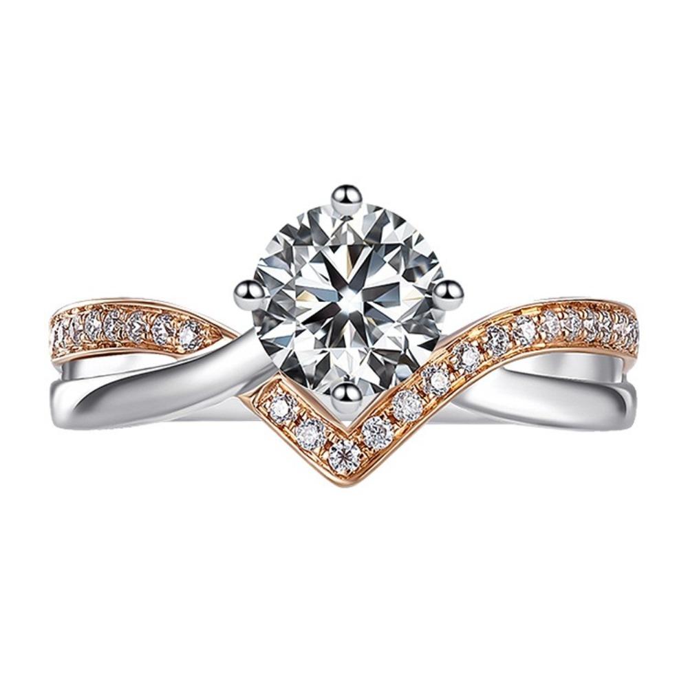 Open Ring V Shape Crown Design PT950 Rose Gold Plated Split Color Fake Moissanite Adjustable Ring for Women