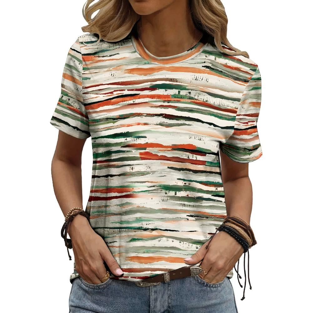 Women's Striped Letter Print T-Shirt Casual Round Neck Short Sleeve Summer Loose Tee Top Daily Loose