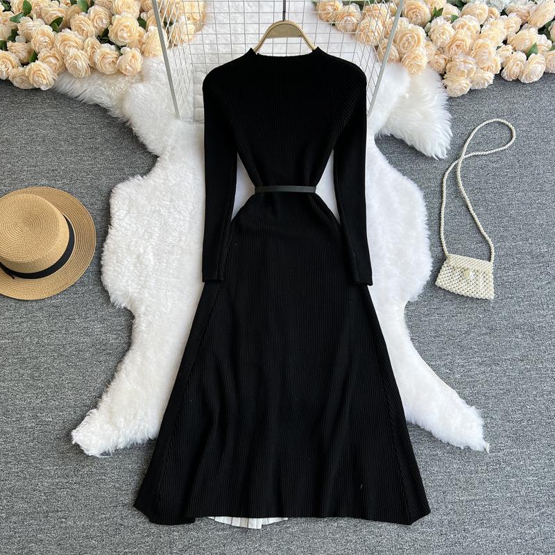 Elegant Knitted Stitching Women Dress Contracted Temperament Round Collar Gradient Color Slim In Long Skirt Female