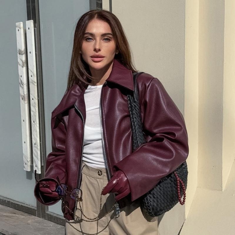 Wine Red Faux Leather Jakcet Fashion Outerwear Thicken Zipper Lapel Pu Coats Autumn Winter Streetwear Ladies Tops Women