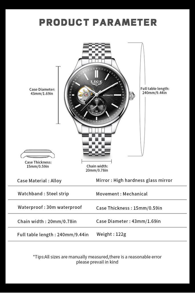 Men's Luxury Waterproof Automatic Mechanical Watch with Steel Band and Luminous Skeleton Design