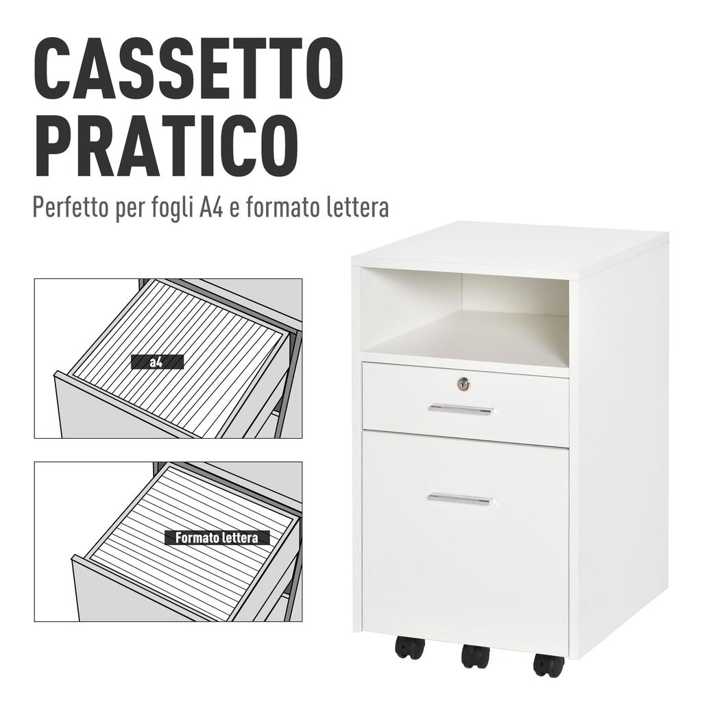 Lockable Two-Drawer Filing Cabinet, with Wheels - White