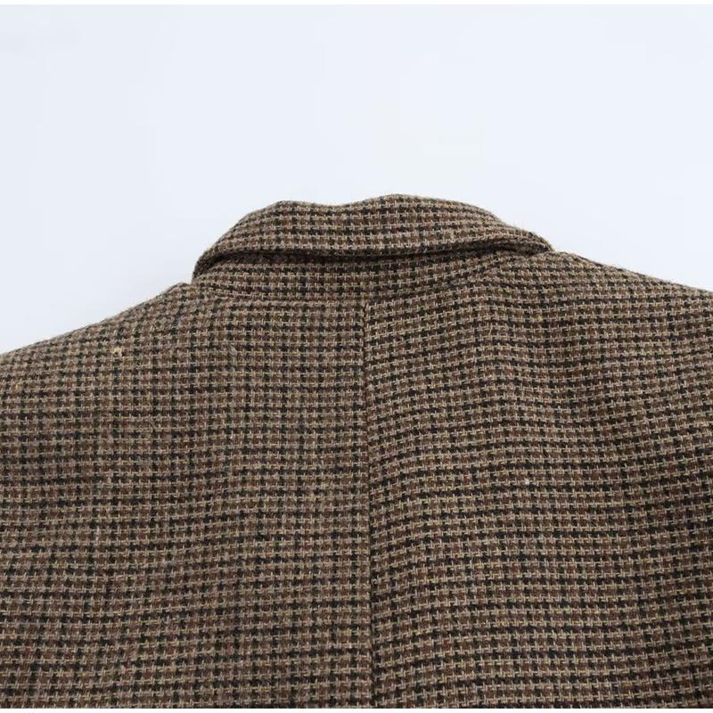 Retro Vlněné Kostkované Sako Kabáty Dámské Klopa Jednořadé Blejzry Podzimní Jednoduché Elegantní Streetové Svrchní Oblečení