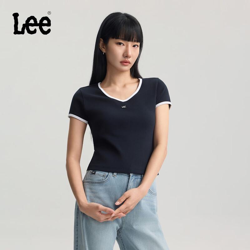 Lee Women s Ribbed Contrast V-Neck Slim Fit Short Sleeve T-Shirt M