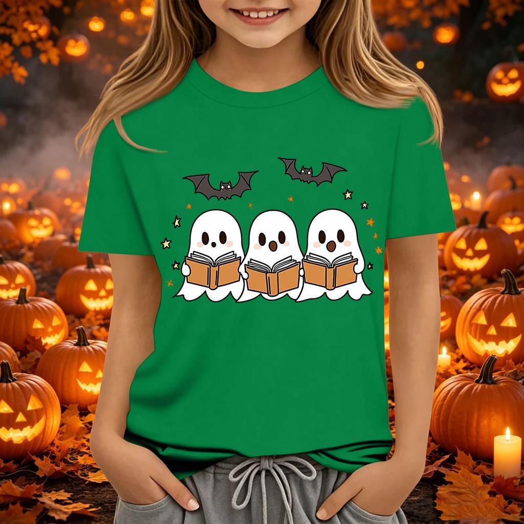 Kids Halloween Printed Neck Short Sleeve T-Shirt Loose Fit Casual Top