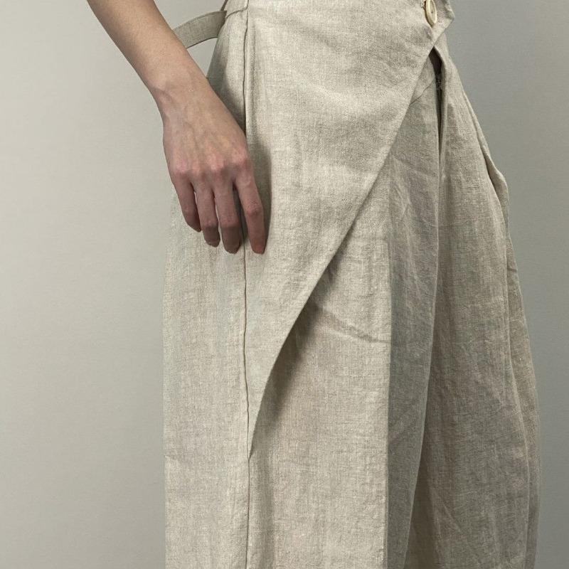 Spring and Autumn Women's Casual Pleated Wide Leg Pants Linen Texture Loose High Waist Trousers