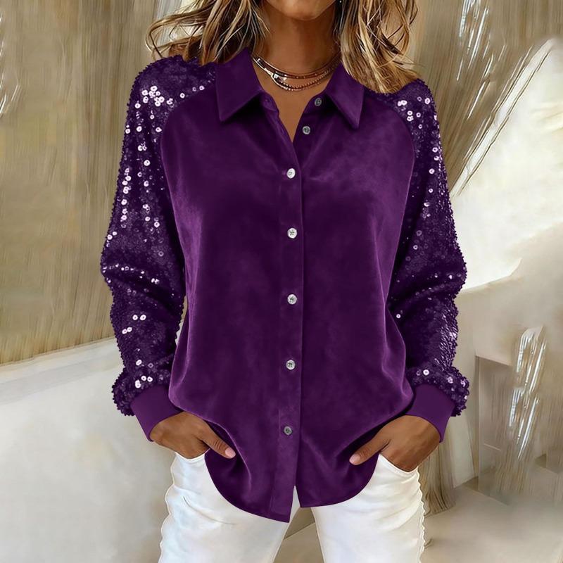 Chemise à Boutons Manches Longues Col Pointu Patchwork Velours et Paillettes pour Femme