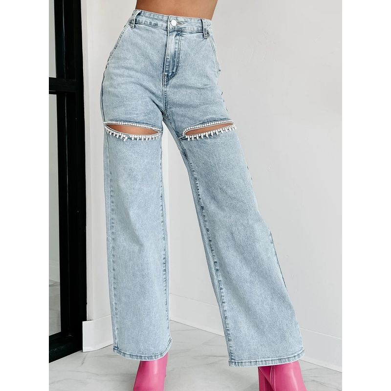

Ripped Straight Leg Jeans Europe and America 2025 Summer Women Fashion Casual Ripped Straight Jeans Light blue XXL