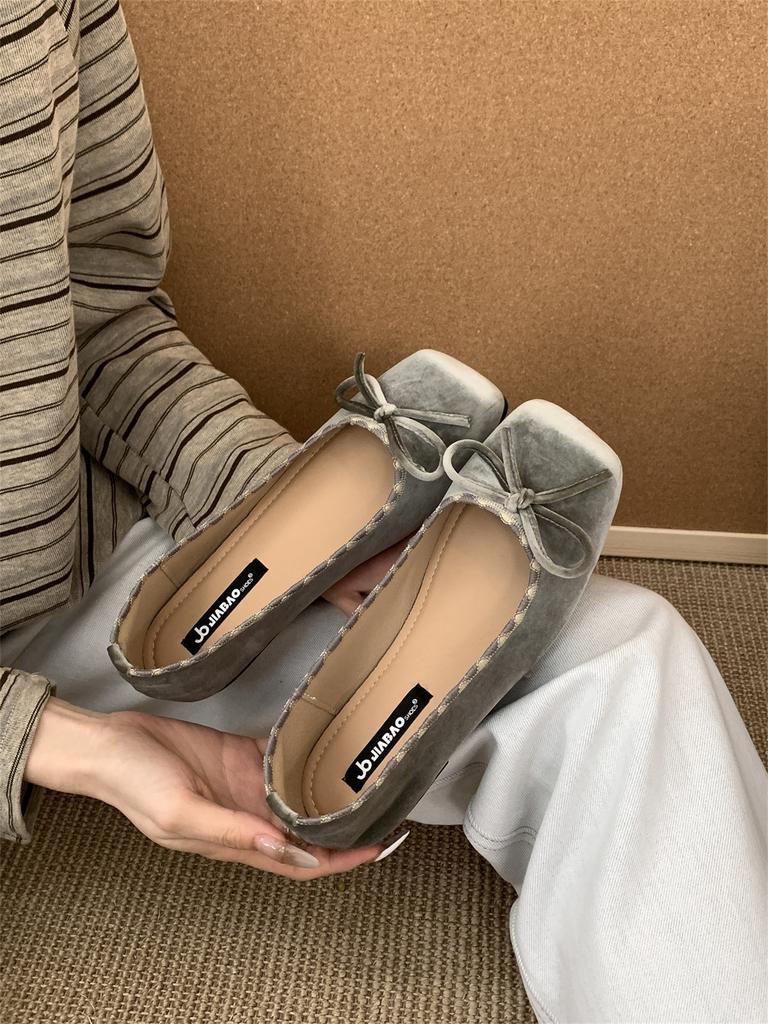 Square Head Retro Small Red Bow Shallow Mouth Evening Single Shoes Women's 2025 New Ballet Gentle Grandma Shoes