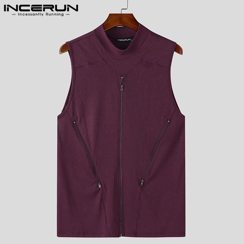 INCERUN Summer Men Mockneck Sleeveless Zipper Up Rib Tank Tops Slim Racerback T-shirts