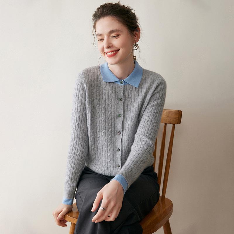 Women's Colorblock Cable Knit Cardigan with Faux Two-Piece Polo Neck Sweater