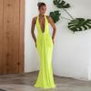 Women's Halter Deep V Neck Ruched Mermaid Evening Gown Solid Fluorescent Yellow Dress