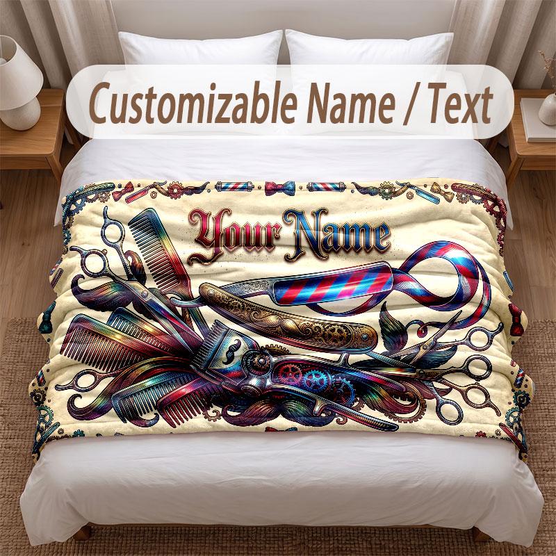 Barber Salon Theme Soft Blanket Personalized Custom Name Text Print Warm Blanket Home Sofa Bedroom Decor