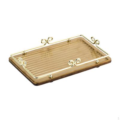 Food Serving Tray Countertop Organizer Wooden Board Vanity Fruit Plate with Metal Frame for