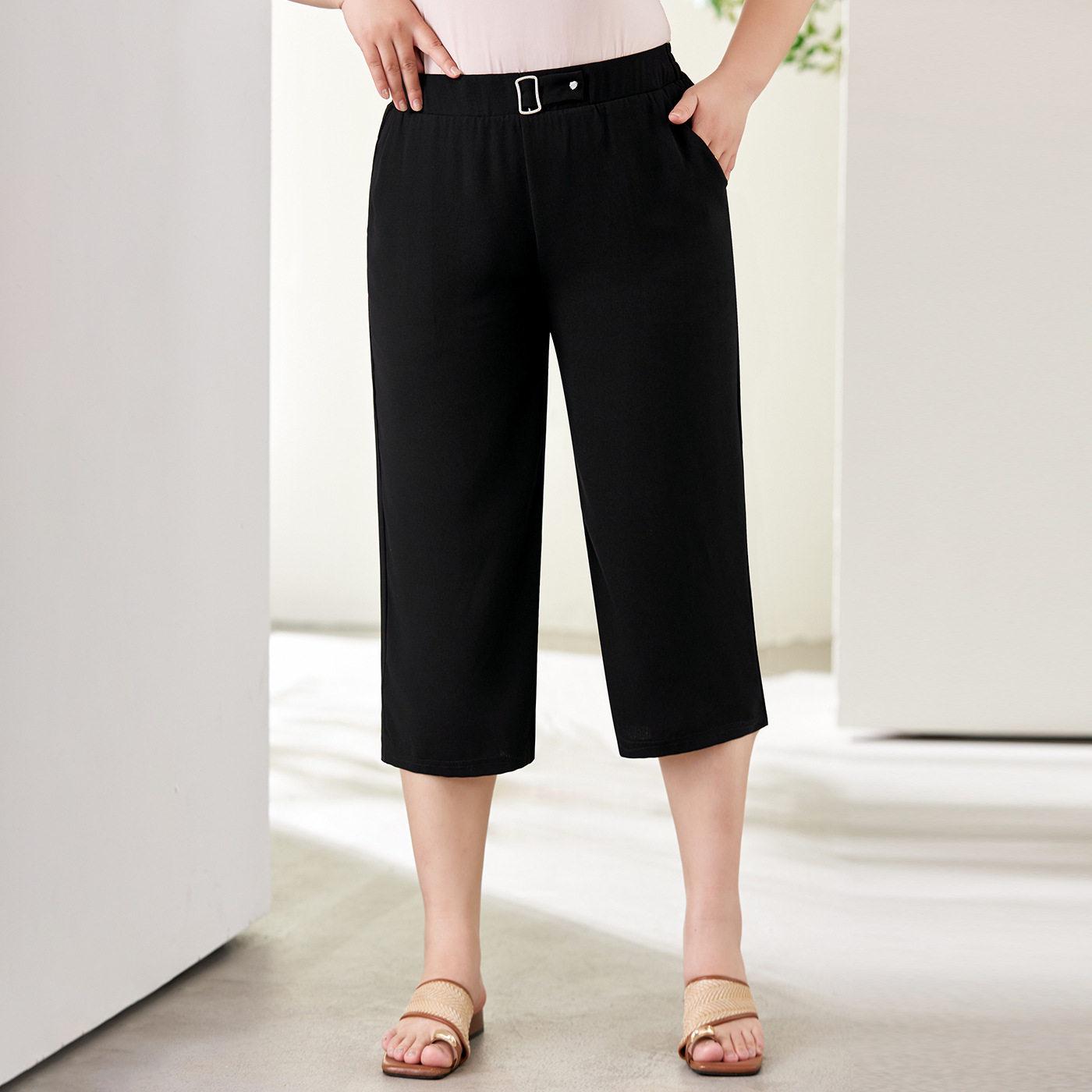

Plus Size High Waist Black Capri Pants for Women - Tummy Control, Elastic Waist, Summer Casual with Metal Buckle 2XL [55-65 kg] чёрный