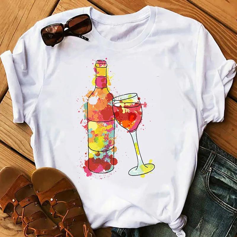 Wine Glass Wine Glass Print Short Sleeve T Shirt Women Vintage Tops Harajuku  Graphic T-shirts Aesthetic Clothes Tee