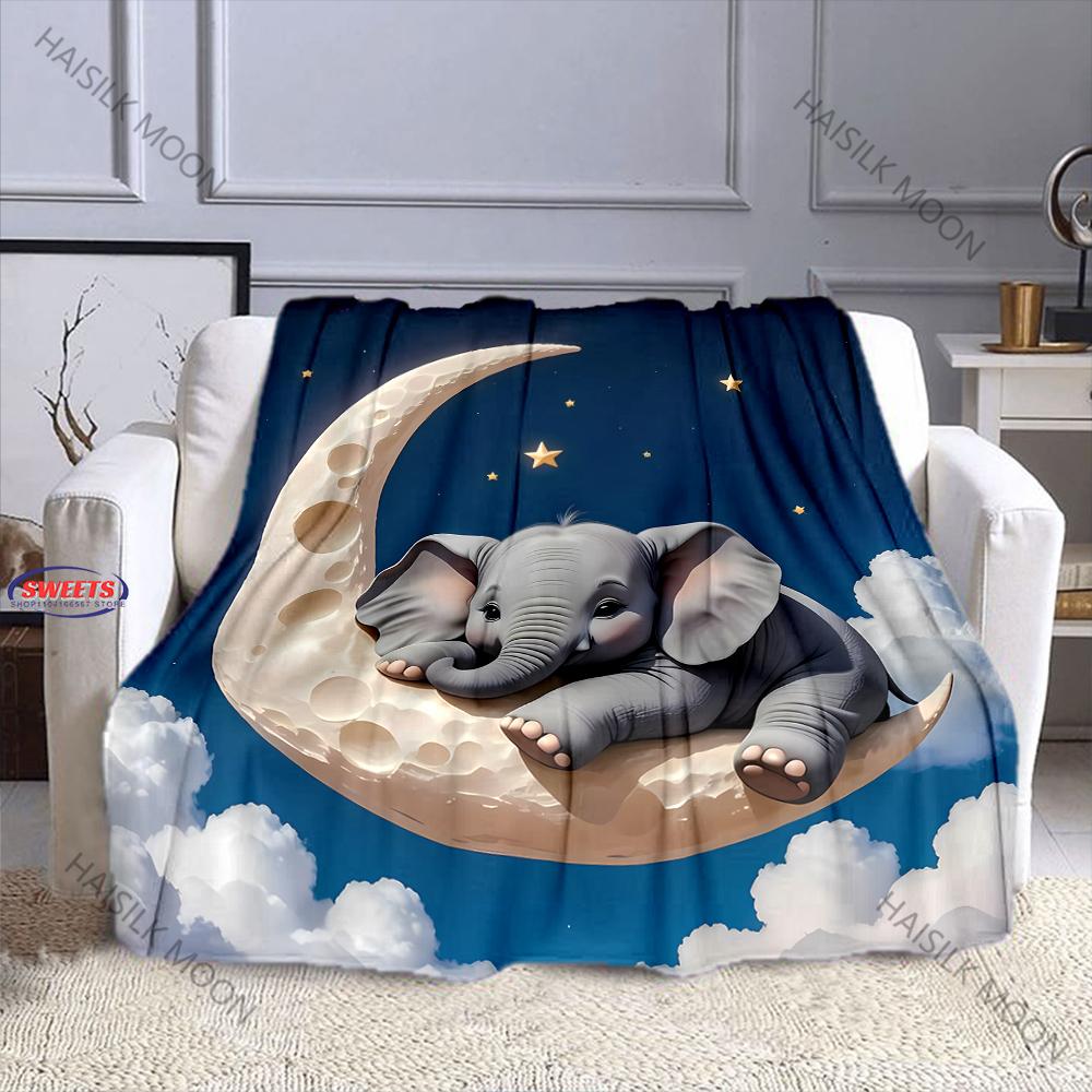 Cute Elephant Moon Themed Soft Flannel Blanket for Sofa,Christmas Couch Throw Bed,Warm Cozy Decorative Blanket Fall Holiday Gift