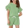 Girls' Summer Outfit Ruffle Sleeve Top And Shorts Clothing Set Lightweight Casual Two Piece