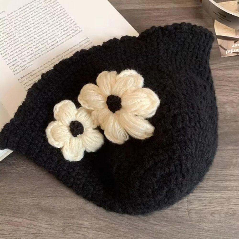 Handmade Crochet Flower Knitted Hat Hollow Out Bowknot Beanies Hat Casual Flower Weave Cap  Outdoor