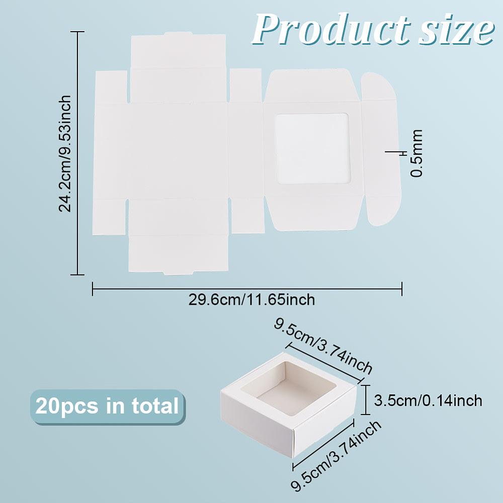 20pcs Paper Candy Boxes Bakery Box with PVC Clear Window for Party Wedding Baby Shower Square White 9.5x9.5x3.5cm
