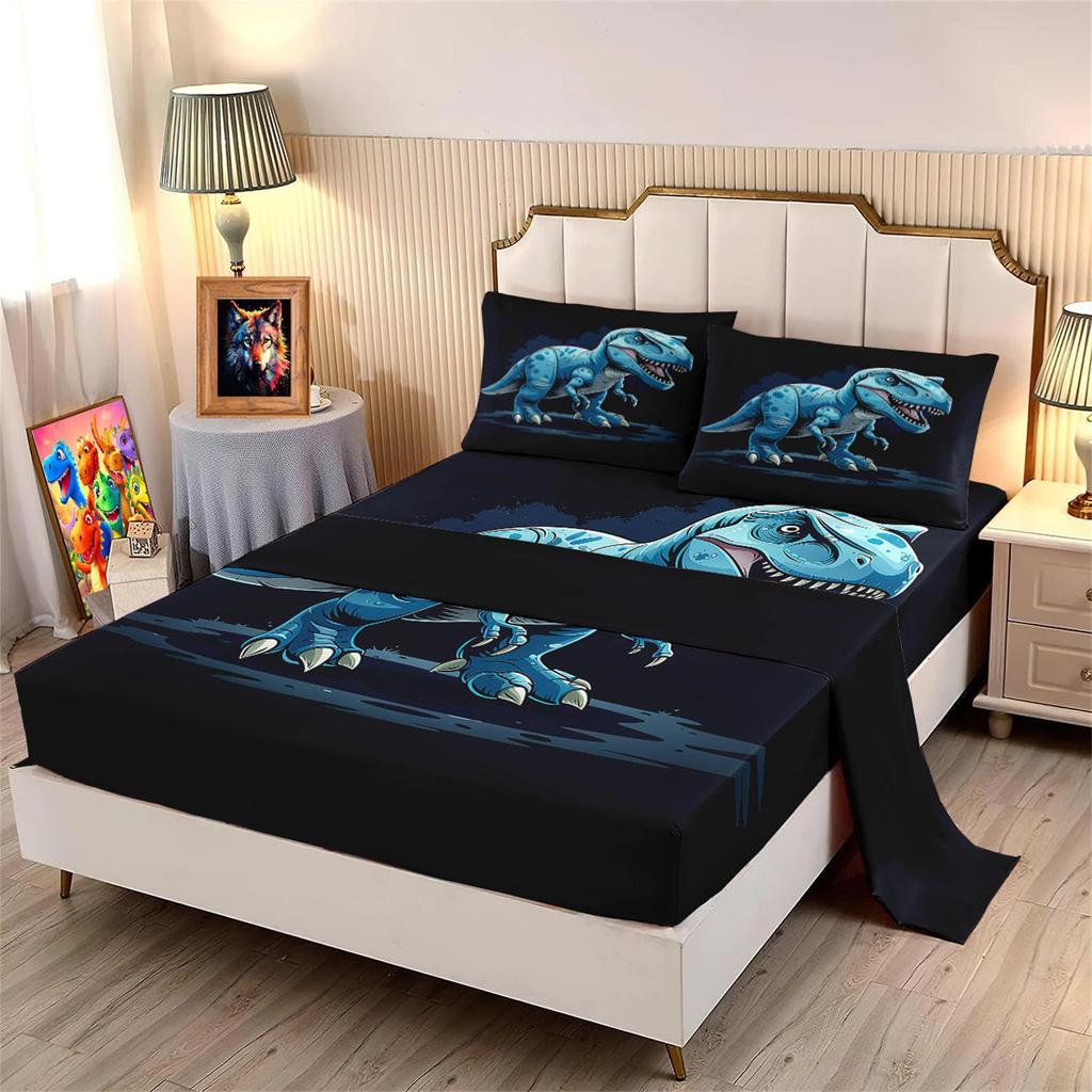 Cartoon Little Dinosaur Pattern Bed Hat Four-Piece Bedding Set Bedroom Dormitory Bedding Decoration