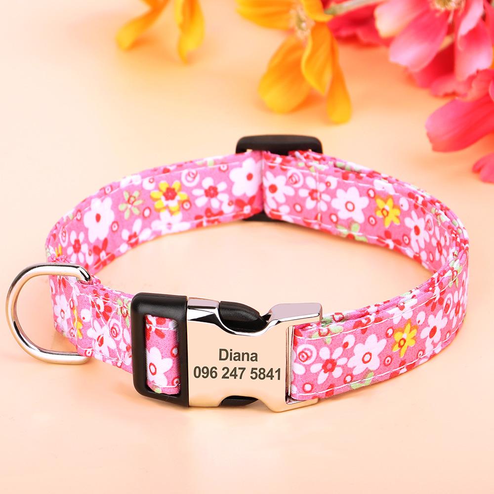 Nylon Flower Dog Collar Personalized Floral Print Dog Puppy Collars Customized Pet ID Collars for Small Medium Large Dog Pitbull