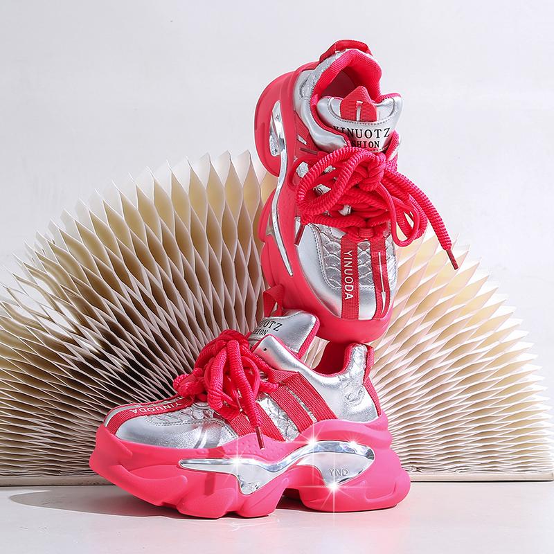 Fashion 8.5CM Autumn Chunky Sneakers for Women 2024 High Platform Sports Patchwork Leather Shoes Woman Lace-up Thick Bottom Dad Shoes