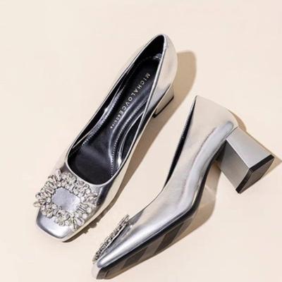 Elegant and Simple Women's Pumps 2024 New Korean Style Silver Mary Jane Shoes Fashionable Shallow Mouth Ladies Single Shoes