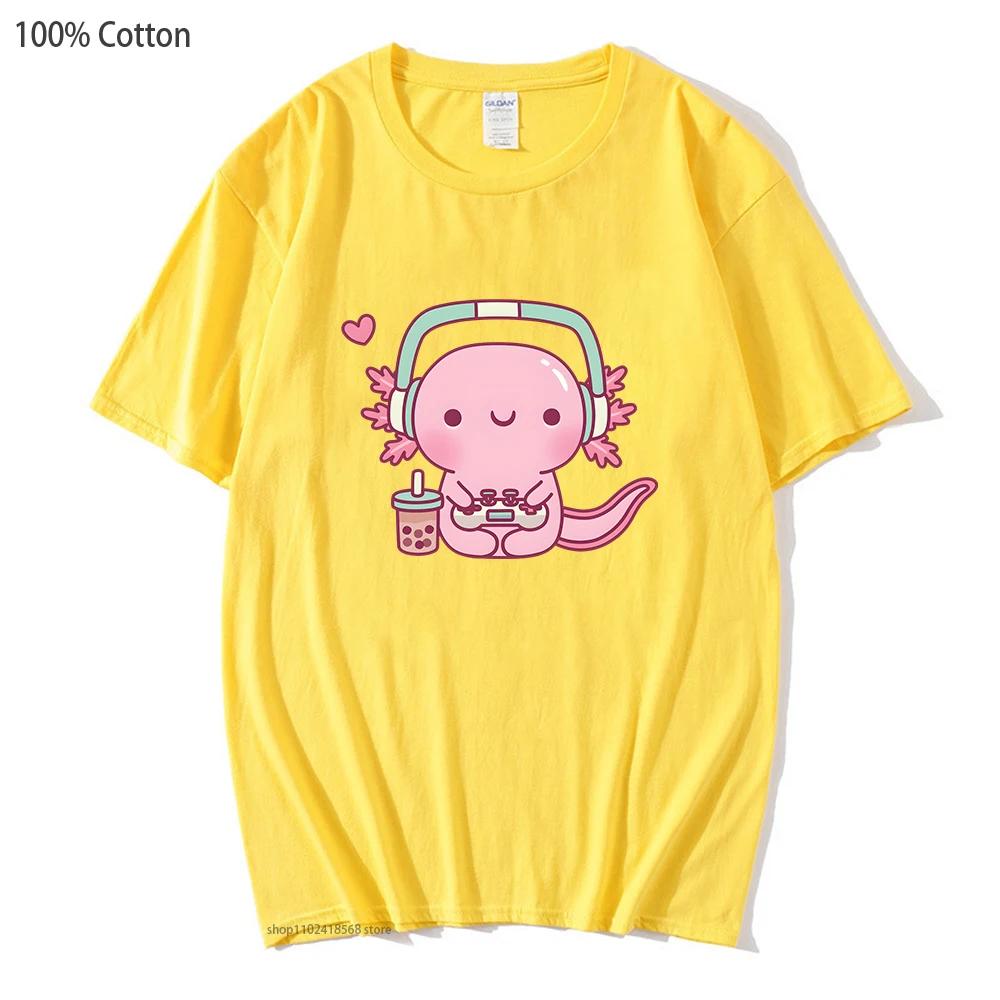 T-shirt mignon Axolotl jouant aux jeux vidéo Dessin animé Gamer Imprimé drôle T-shirt Vêtements pour femmes Vêtements pour hommes Y2k T-shirt en coton