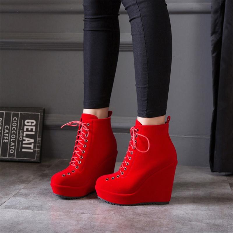 Stivaletti alla caviglia da donna con plateau, scarpe autunnali e invernali, con zeppa, tacchi alti, stringate, stivaletti corti, zeppe in pelle scamosciata nera, scarpe da ballo