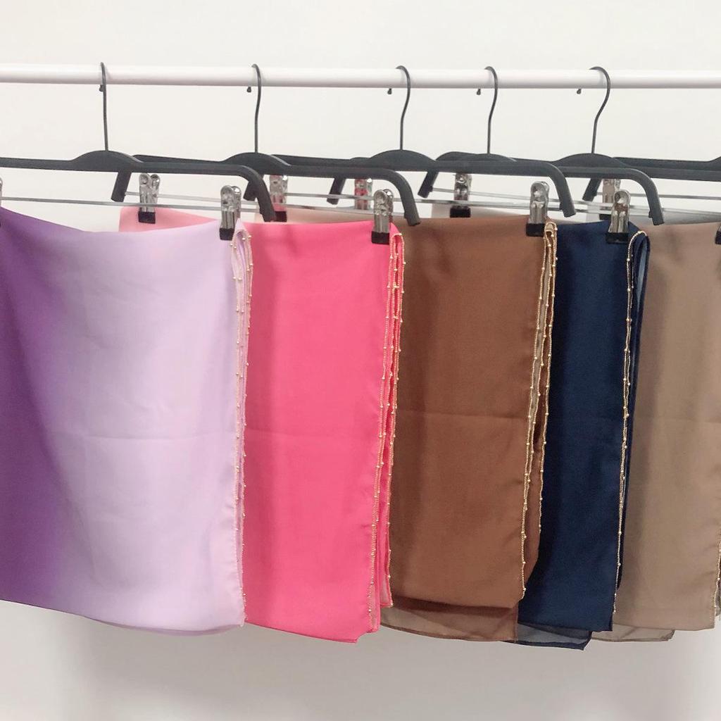 Gradient Pearl Chiffon Beaded Chain Long Scarf - Hui Muslim Malay Middle Eastern Headscarf