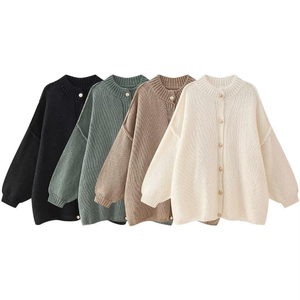 Chic European & American Style Women's Loose Round Neck Cardigan with Metal Buttons
