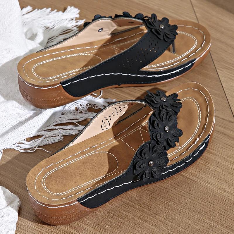 Fashion Vintage Clip Toe Womens Wedge Sandals Lightweight Flowers Decor Platform Slippers Women Plus Size Non Slip Thick Sole Sandles 43