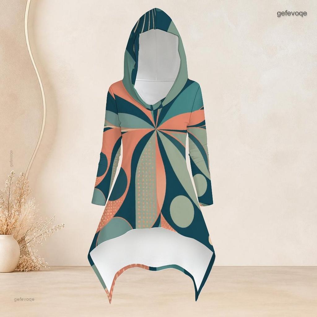 Women Plus Size Geometric Printed Two Piece Set Hooded Long Sleeve High Low Top Fitted Pants
