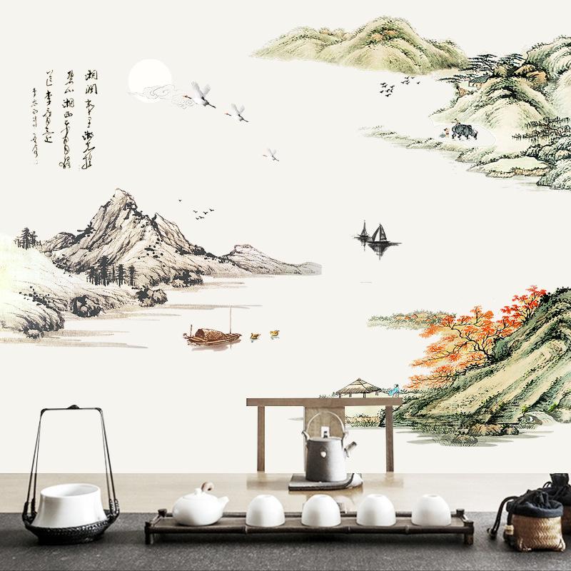 Adesivo de Parede Estilo Chinês Pintura de Paisagem para Sala de Estar Quarto Escritório Decoração de Casa Autoadesivo Decalque de Parede