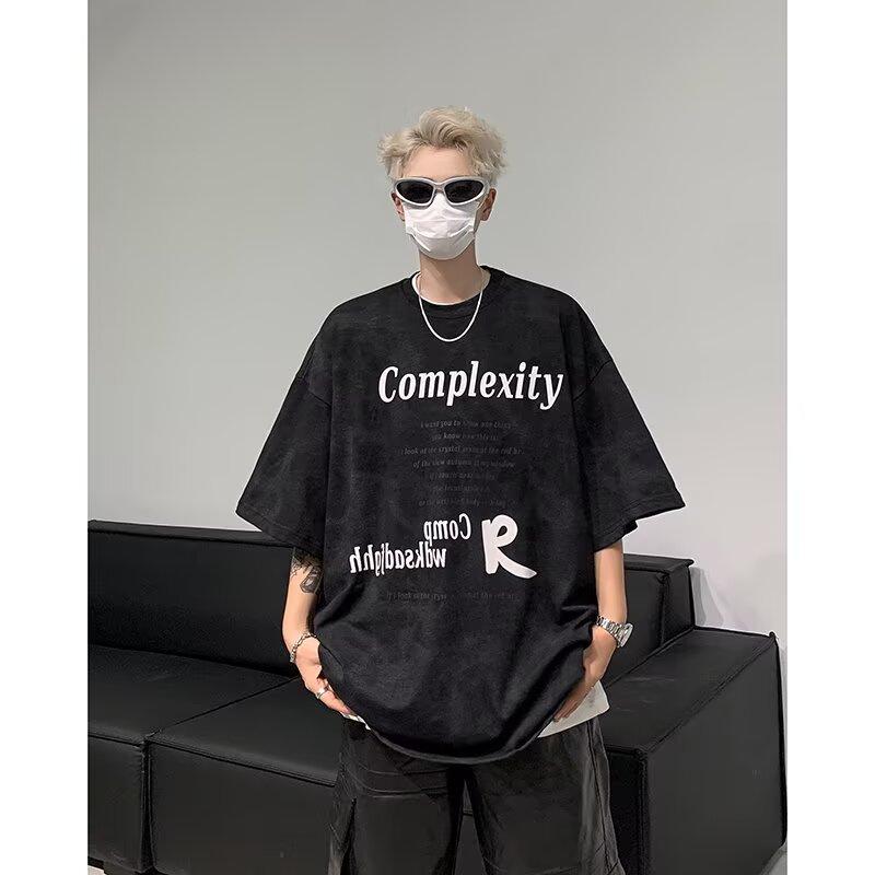 Summer American Retro Print Short Sleeve T Men's Trendy Workwear Round Neck Washed Loose Fit Shirt