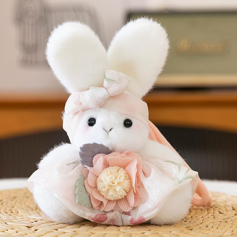 Cartoon Cute Plaid Skirt Rabbit Holding Flower Plush Toy Pendant Keychain