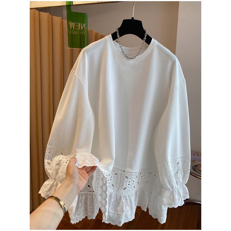 Women S Plus Size White Lace Splicing Long Sleeve T Shirt Loose Round Neck Top