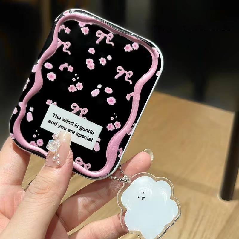 Pink Bow Florals Flip-Top Folding Makeup Mirror Portable Pocket Mirror Women Rectangle Cosmetic Make Up Mirror With Comb