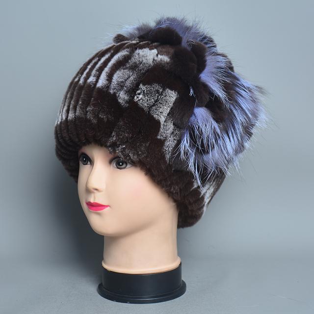 New Luxury Women Fur Hat For Winter Handmade Natural Rex Rabbit Fox Fur Cap Fluffy Female Fur Headgear Brand Warm Beanies Cap