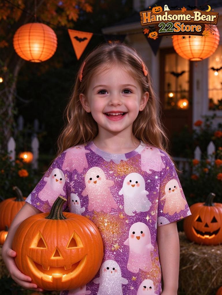 Kids Halloween Girls T-Shirt Pink Leopard Print Ghost Pumpkin Spider Bat Graphic Tee Short Sleeve Casual Top for Halloween Party