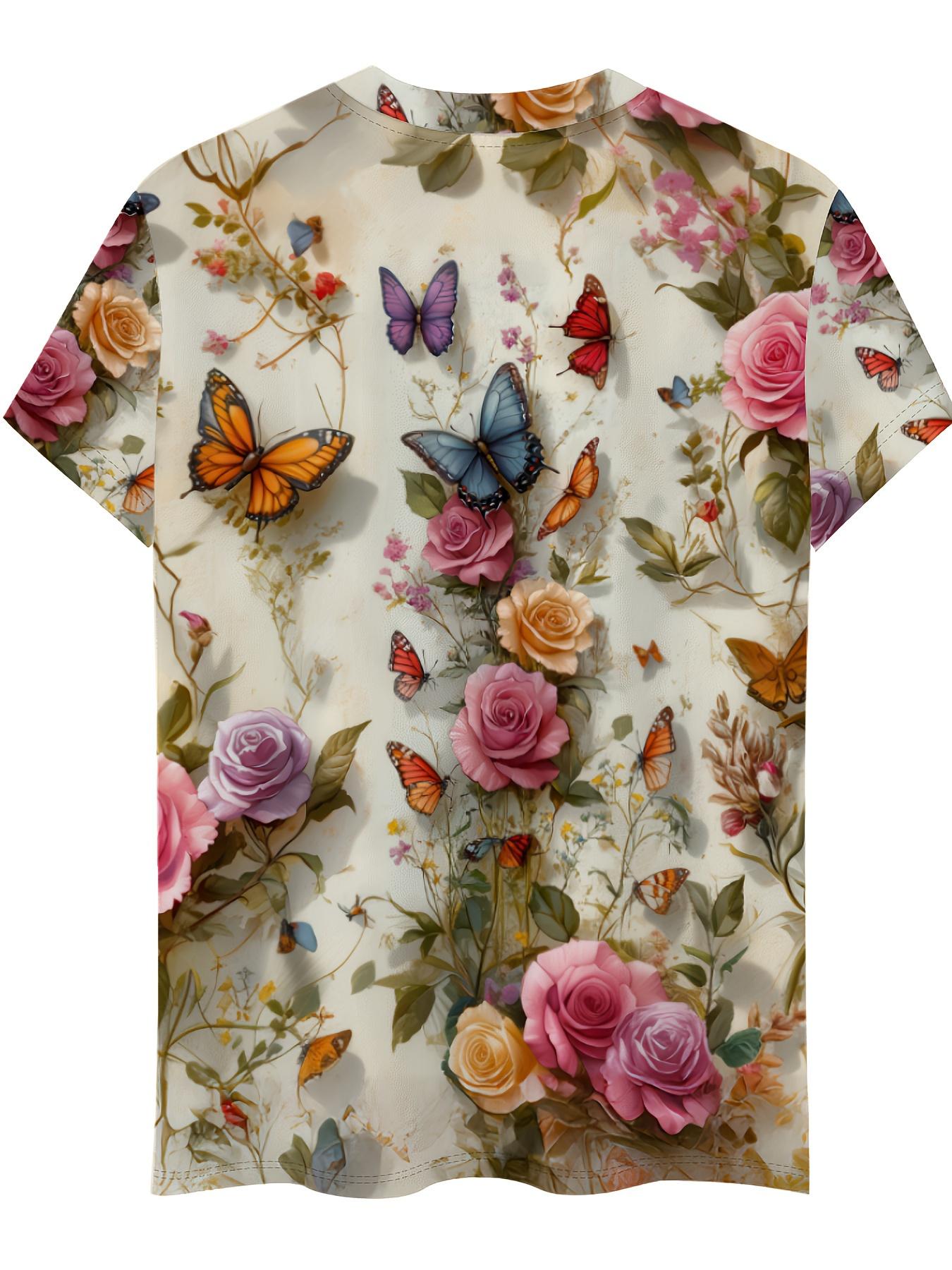

Women S T-Shirt - Quick-Drying - Flattering And Versatile with a Soft Floral Design And Colorful Butterflies on Short Sleeves a Creamy White Base Feat 3XL дубильна кора