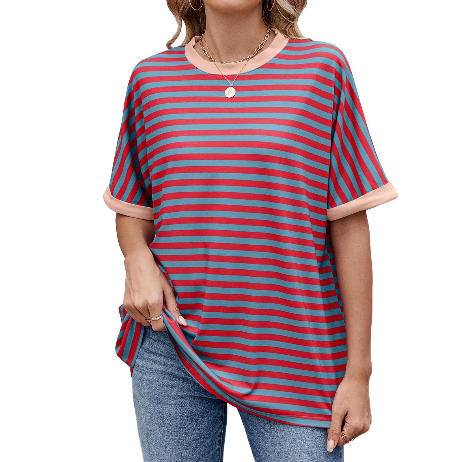 

Женская свободная повседневная полосатая контрастная футболка с круглым вырезом и короткими рукавами XL винный