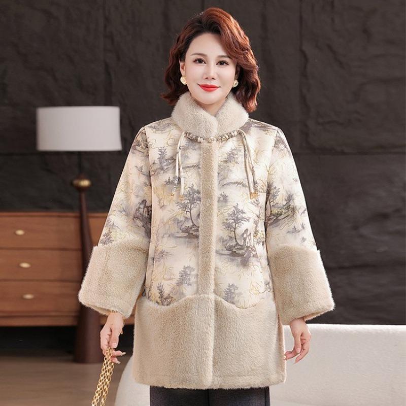 Mom autumn and winter new Chinese woolen coat medium and old women's clothing fleece thickened top woolen coat