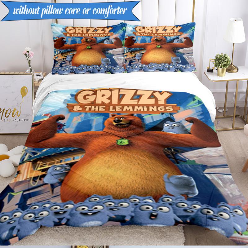 Bear And Blue Critter Adventure 3pcs K-pop music group Bedding set,Ideal for Bedroom, Dormitory,Including Duvet Cover And 2pcs Pillowcases,Fan gifts