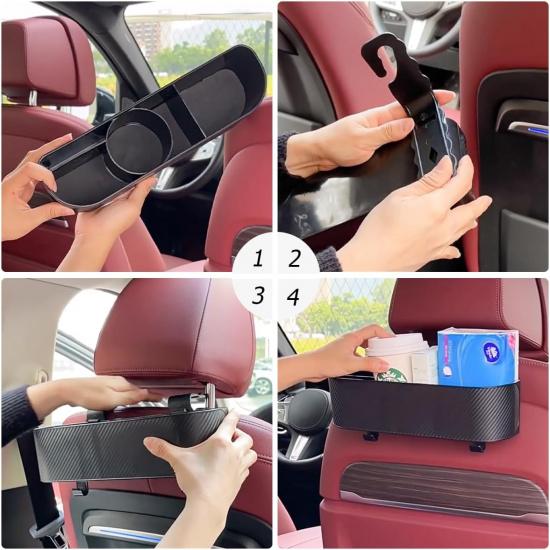 BELOMI Car Headrest Backseat Organizer With Cup Holder, Seat Back Hanging Storage Box With Hooks, Multi-Functional Drink Pocket Food Snack Phone Tray