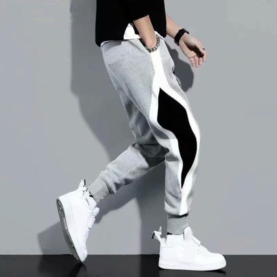 Plus Size Men Sport Pants Contrast Color Ankle-banded Sweatpants Drawstring Elastic Waist Loose Trousers with Pocket for Daily Exercise