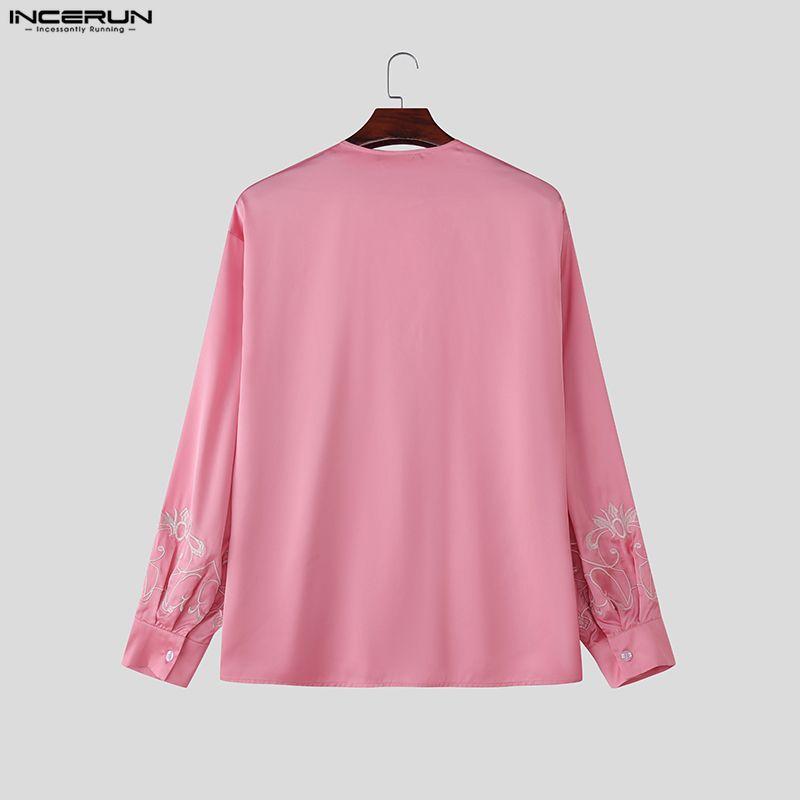 INCERUN Men Deep V Neck Long Sleeve Embroidery Casual Oversized Shirts